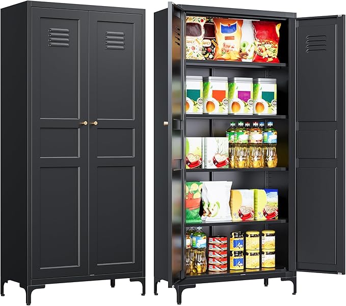 Metal Storage Cabinet with Doors and Shelves,Black Storage Cabinet with Leg,Metal Pantry Cabinets,Ventilated Pantry Closet,Tall Large Cupboard for Home,Kitchen,Dining/Living/Laundry Room-Ruum Studio Home