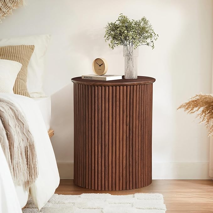 AVZEAR Small Round Side Table Fluted Night Stand Set of 2, 17.7" Mid Century Modern End Table, Circle Bedside Tables Wood Nightstands for Small Spaces, Living Room, Bedroom (Rustic Walnut)-Ruum Studio Home