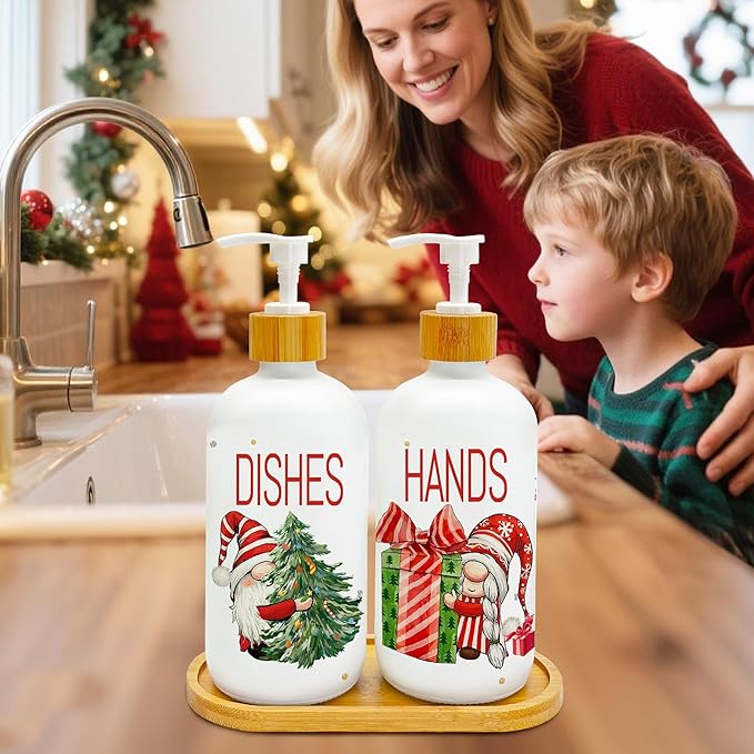 Hexagram Christmas Soap Dispenser Set of 2, Christmas Kitchen Decor, Xmas Gnomes Glass Soap Dispenser for Home Indoor Decorations, Xmas Refillable Lotion Essential Oil Dispensers with Pump-Ruum Studio Home