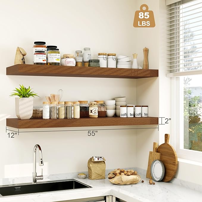 Heimlove 12" Deep Floating Shelves for Wall Shelf Over Toilet Wall Mounted Farmhouse Long 55 inches Set of 1, Farmhouse Shelves with Invisible Brackets for Living Room, Kitchen, Bedroom,Walnut-Ruum Studio Home