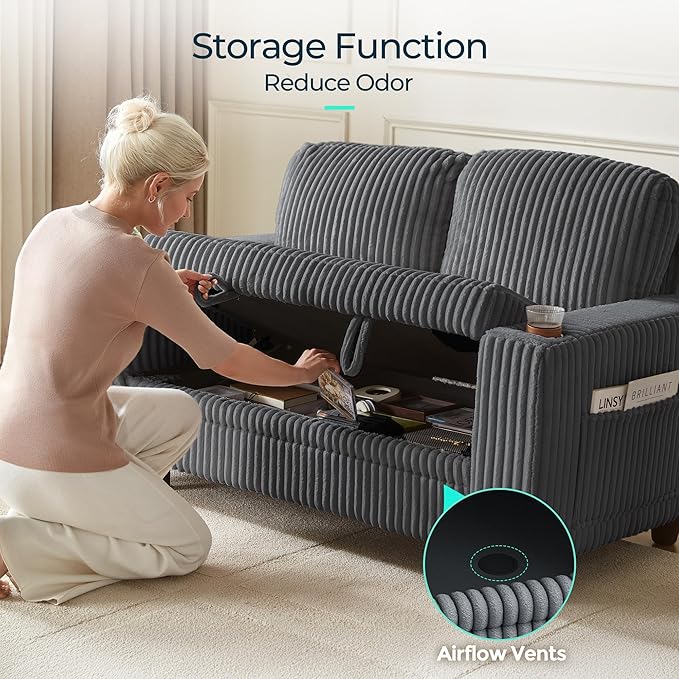 LINSY HOME Loveseat Sofa with Storage - Comfy Plush Corduroy 2 Seater Sofa with USB Charging & Cup Holders, Deep Seat Love Seat for Small Spaces Living Room Bedroom Apartment, Grey-Ruum Studio Home