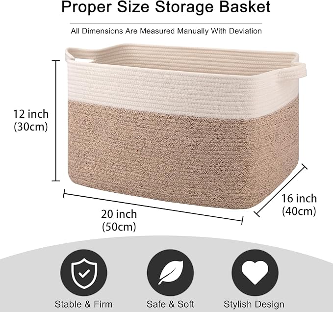 OIAHOMY 65L Blanket Basket, Cotton Rope Woven Blanket storage for Living Room, Rectangle Woven Baskets for Storage, 20''×16''×12'', Brown and White-Ruum Studio Home