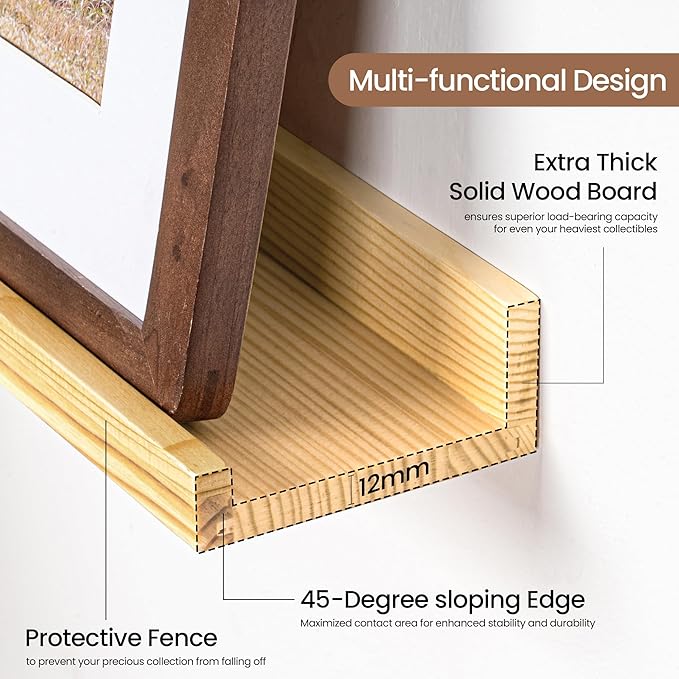 Picture Ledge Shelf, Solid Pine Wood Floating Shelves Set of 2, 24 Inches Nursery Book Shelves for Toys Storage, Kids Bookshelf Wall Mounted for Living Room Bedroom Decor Books Photo Frames, Natural-Ruum Studio Home