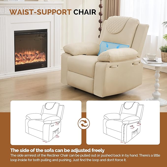 Recliner Chair with Electric Massage Adjustable Footrest & Heat, Manual Leather Recline for Adults Living Room Remote Control (Beige)-Ruum Studio Home