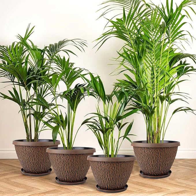 4 Pack 10 Inch Plant Pot, Flower Pots Outdoor with Drainage Hole & Tray, Thickened Plastic Planters for Indoor Outdoor Plants, Lightweight Modern Decorative Garden Pot with Saucer-Ruum Studio Home