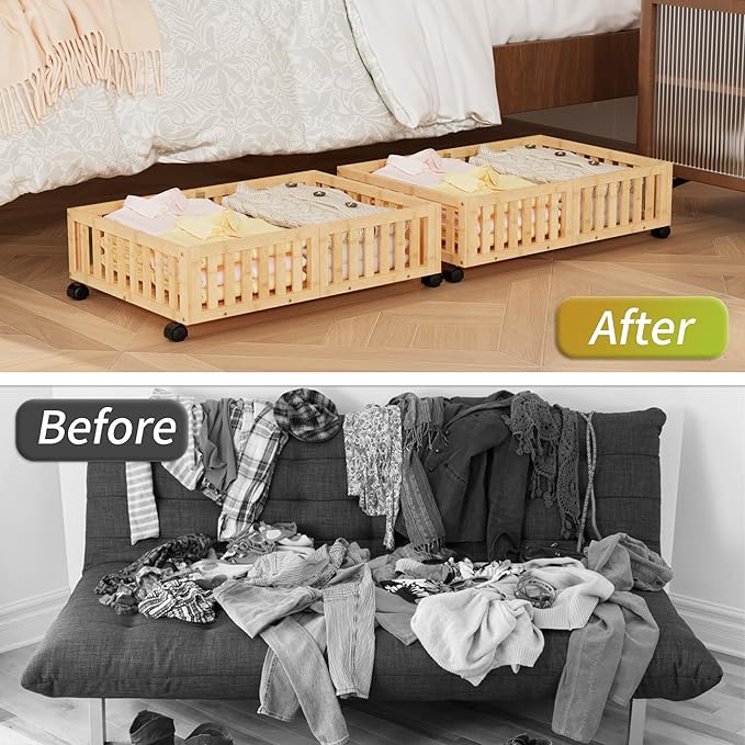 Bamboo Under Bed Storage with Wheels (2-Pack) – Rolling Underbed Shoe Organizer Box for Shoes, Blankets, Toys, Clothes Container Space-Saving Organizer Bins for Bedroom, Closet, Dorm, Nursery-Ruum Studio Home