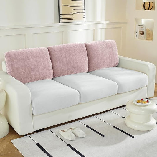 Large Backrest Cushion Covers Super Stretch Backrest Covers for 3 Cushion Couch Sofa, Couch Back Cushion Covers Featuring with Chenille Yarn (Softer Version, 3PC, Pale Pink)-Ruum Studio Home