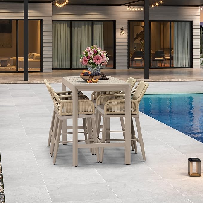 PURPLE LEAF 39.1'' Rectangle Outdoor Patio Counter Height Dining Table, Durable Aluminum Bar Height Pub Table for Counter Bar Stool, Water-Proof Tall Dining Table with Sturdy Legs, Champagne-Ruum Studio Home