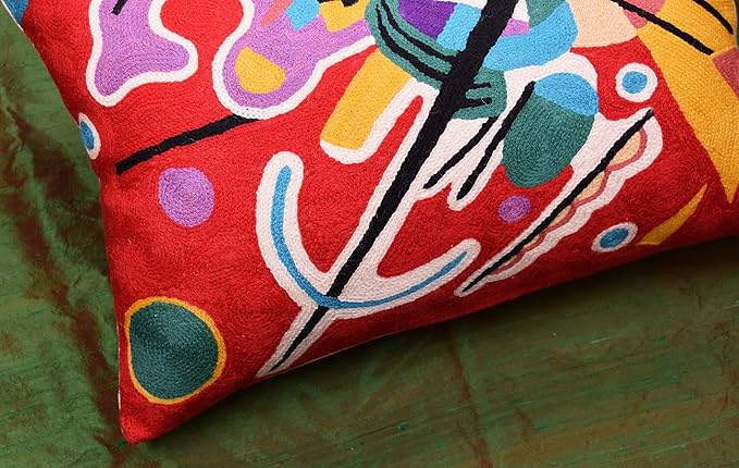 Lumbar Kandinsky Red Abstract Pillow Cover Modern Throw Pillowcase Modern Chair Cushion Red Contemporary Pillowsham Farmhouse Couch Cushions Hand Embroidered Wool Size 14x20-Ruum Studio Home