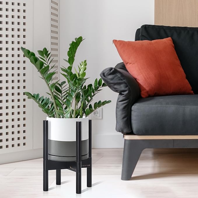 D'vine Dev Ceramic Planter with Ebony Stand - 8 Inch Modern Round Flower Pot with Wood Planter Holder, White/Grey, 55-B-M-6-Ruum Studio Home