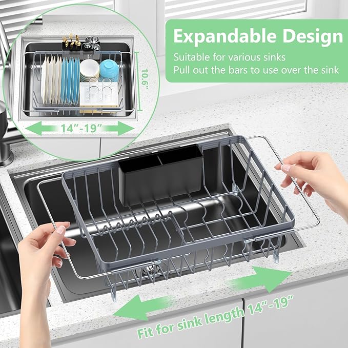 LEMIKKLE Expandable Dish Drying Rack- Space-Saving Dish Rack, Dish Drainers for Kitchen Counter with a Cutlery Holder, Over The Sink Dish Racks Fit for 14’’-19’’ Kitchen Sink Grey-Ruum Studio Home