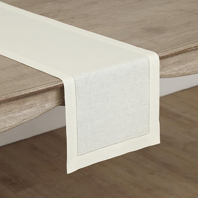 Solino Home Linen Ivory Table Runner 72 Inches Long - 100% Pure Linen Hemstitch Table Runner 14 x 72 Inch for Dresser, Dining, Fall, Autumn, Halloween, Thanksgiving - Classic Hemstitch-Ruum Studio Home