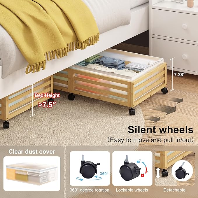 Under Bed Storage with Wheels-Large Bamboo Underbed storage Containers with Large Dust Bag Stackable Under the Bed Shoe Storage Bins for Clothes Books Bedding (2 Packs Nature, 33.07"L×16.54"W× 6.5"H)-Ruum Studio Home