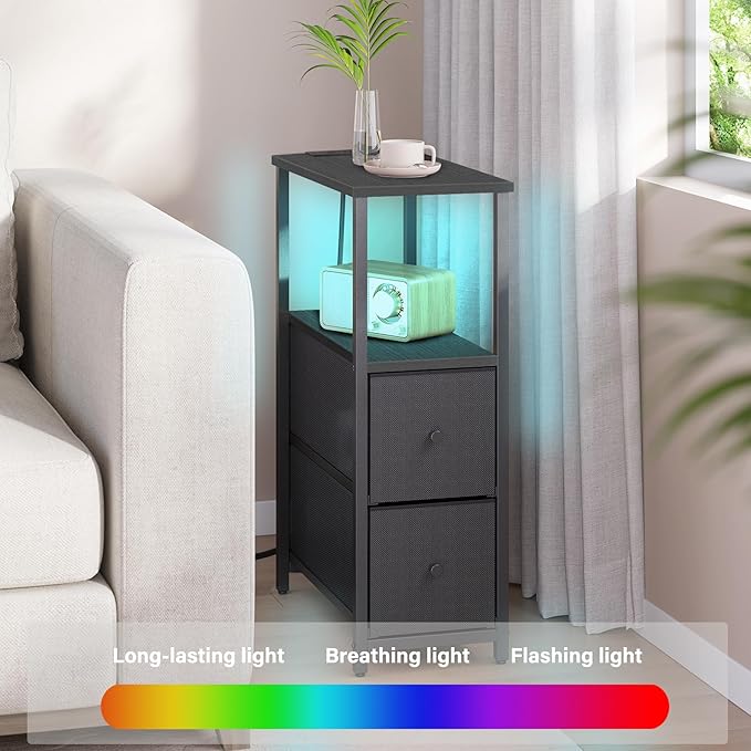 TUTOTAK Small Narrow LED End Table with Charging Station, Side Table Outlets, Nightstand with 2 Cloth Drawers, Couch Table, for Living Room, Bedroom, Bedside, Black TB01BK085L-Ruum Studio Home