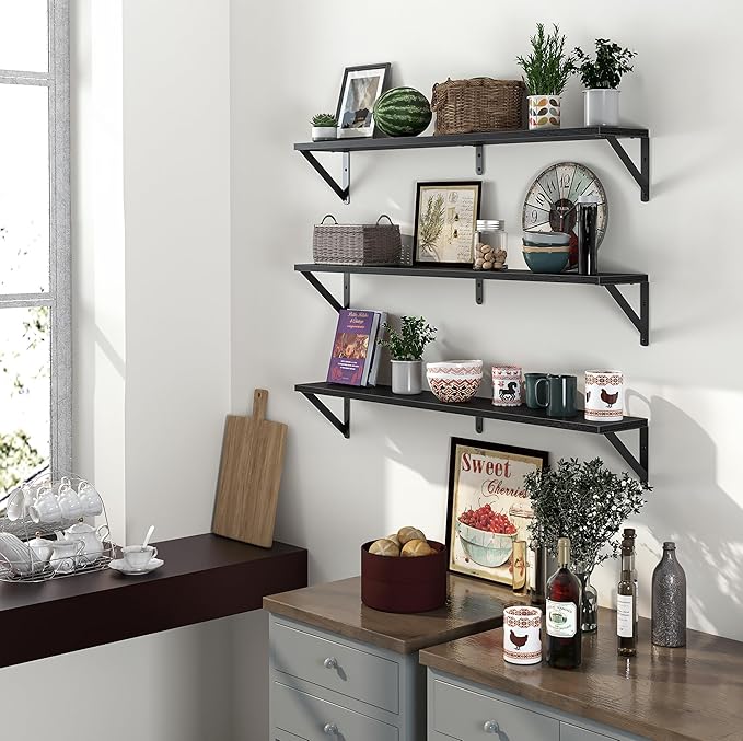 Heimlove Floating Shelves for Wall, 36 Inch Long Wood Floating Bookshelf Set of 3, Wall Mounted Hanging Shelf for Bathroom Bedroom Kitchen, Black-Ruum Studio Home