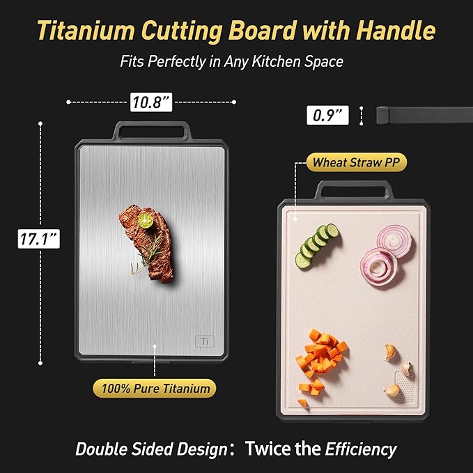 Titanium Cutting Boards for Kitchen Non Toxic Chopping Board with Handle Large Big Small Kitchen Meat Butcher Block 2 in 1 Pure Titanium and Wheat Straw PP Not Wood Bamboo Plastic Teak Grey/Beige-Ruum Studio Home