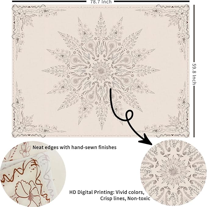 Damanse Floral Tapestry Wall Hanging Cute,Boho Wall Tapestry for Bedroom Aesthetic,Mandala Living Room Decor for Teen Girls (Flaxen, 59.80" x 78.70")-Ruum Studio Home