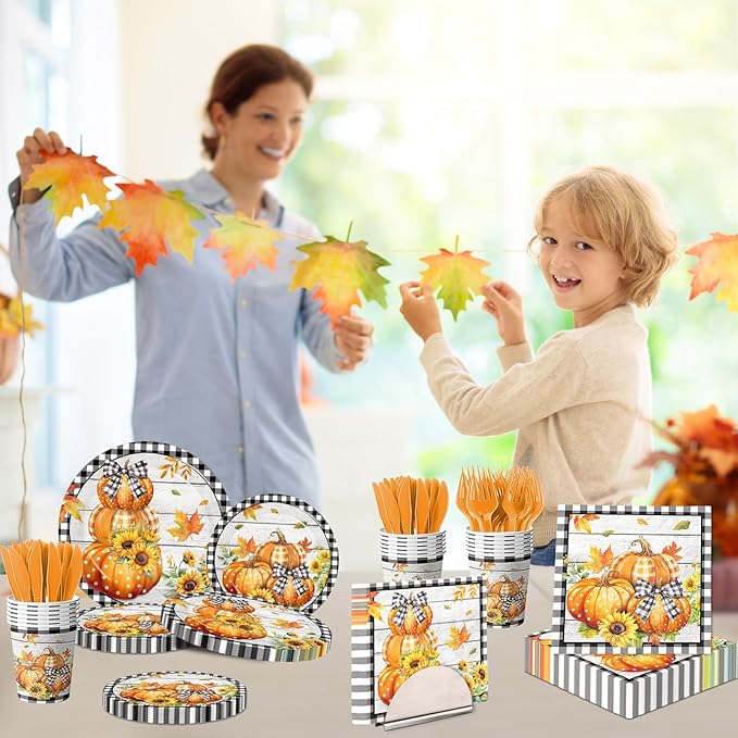Fall Party Decorations,144Pcs Fall Thanksgiving Tableware Set Includes Plates,Napkins,Knife,Fork Black and White Buffalo Plaid Pumpkin Theme Decorations for Autumn Harvest,Thanksgiving Day