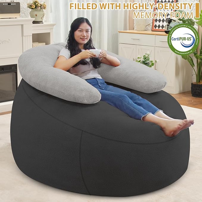 HABUTWAY Bean Bag Chair with U-Shaped Pillow for Adult and Kids Big BeanBag Chair with Filling Ultra Soft Teddy Fleece Couch Chair with Washable Cover for Living Room Bedroom, Dark Grey & Light Grey-Ruum Studio Home