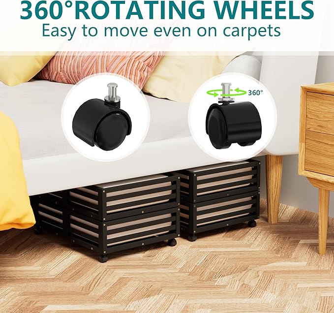 Bamboo Under Bed Storage Containers- Underbed Organizer with Wheels with Large Dust Bag,Sturdy Wood Rolling Under the Bed Shoe Storage Organizer Drawer 2 Pack-Ruum Studio Home