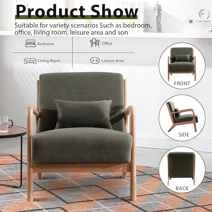 INZOY Mid Century Modern Accent Chair with Wood Frame, Upholstered Living Room Chairs with Waist Cushion, Reading Armchair for Bedroom Sunroom (Green)-Ruum Studio Home