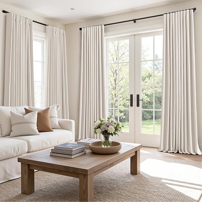 MIULEE 100% Blackout Curtains 84 Inch Long 2 Panels for Bedroom, Thick Luxury Faux Linen Black Out Curtain Room Darkening Back Tab Pleat Window Textured Drapes with Hooks for Living Room, Ivory-Ruum Studio Home