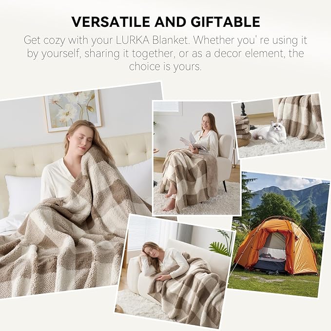 LURKA Checkered Sherpa Fleece Queen-Size Bed Blanket - Extra Thick and Warm Winter Soft Fuzzy Plush Blanket for Couches, Beds & Pets, Khaki, 90x90 Inches-Ruum Studio Home