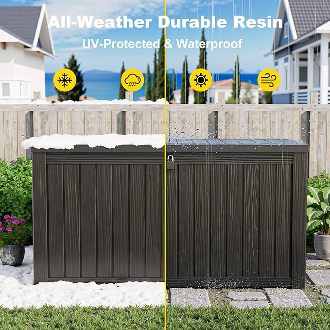 DRATO 150 Gallon Outdoor Storage Box, Large Waterproof Deck Box, Lockable Resin Storage Container with Reinforced Support for Patio Cushions, Garden Tools, UV-Resistant Outdoor Chest（Black）-Ruum Studio Home