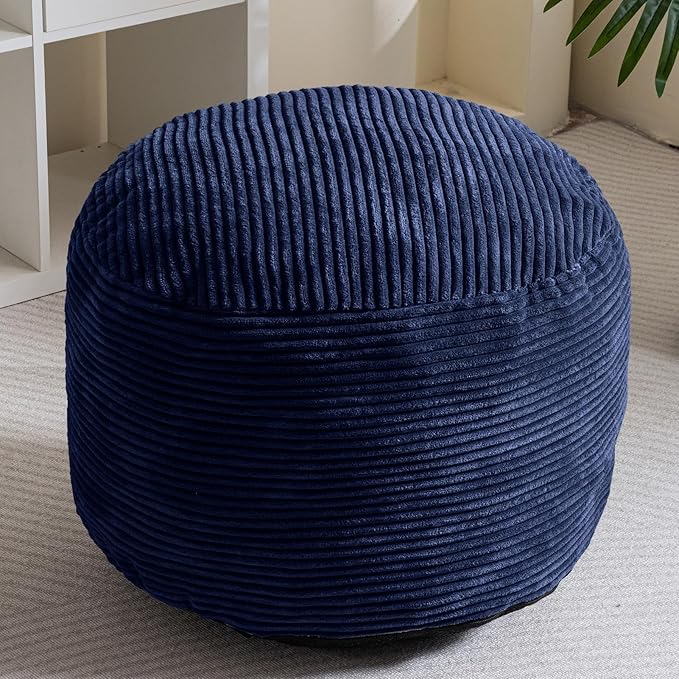 HIGOGOGO Round Stuffed Pouf Ottoman, Corduroy Poufs with Foam Chunk Filling, Furry and Fluffy Pouf Foot Stool Storage Ottoman, 26 X 18 Floor Poufs Foot Rest for Living Room, Navy-Ruum Studio Home