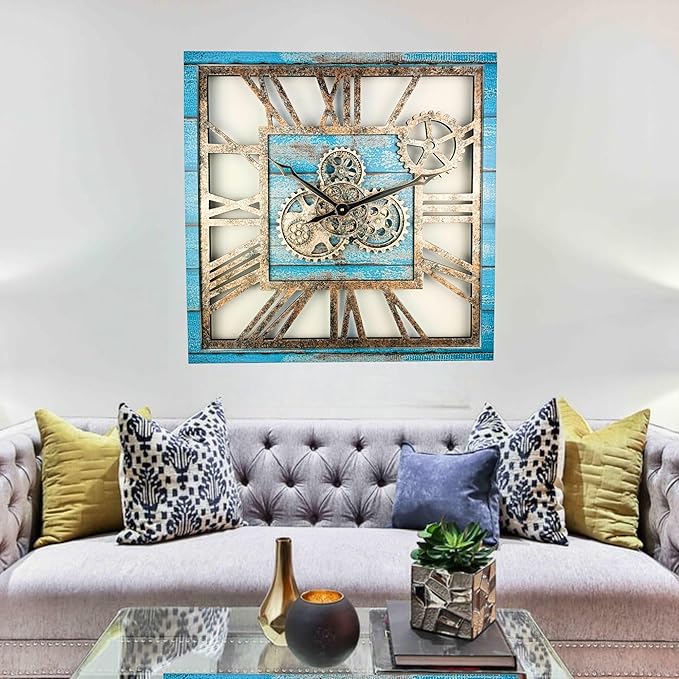 The Gears Clock 24'' Inch Square Real Moving Gear Wall Clock Vintage Industrial Oversized Rustic Farmhouse (Ocean Blue)-Ruum Studio Home