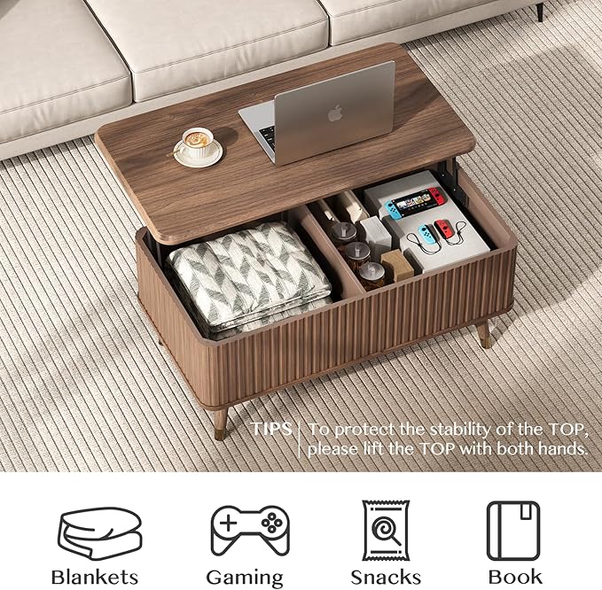 Lift Top Coffee Table with Storage,Mid Century Modern Coffee Table,Fluted Wood Rectangle Center Table for Living Room,Home Office,Walnut-Ruum Studio Home