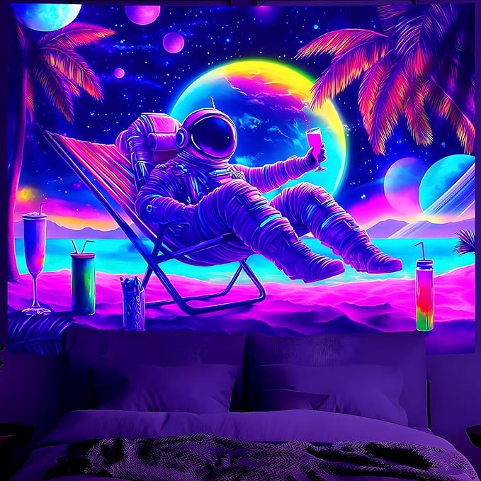 BVBOX Astronaut Space Blacklight Tapestry 79"x59", UV Reactive Astronaut Beach Lounge Chair Vacation Universe Planet Glow in Dark Tapestries, Black Light Neon Upright Poster Wall Hanging Backdrop Decor for Bedroom Living Room-Ruum Studio Home