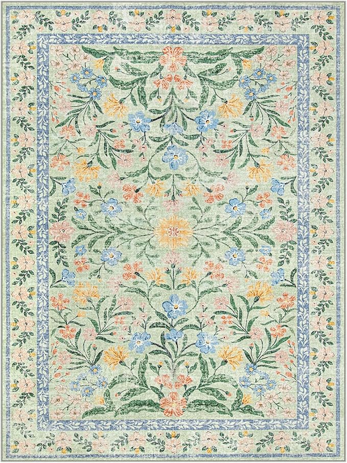 Wonnitar Machine Washable Area Rugs 9x12, Soft Sage Green Floral Rug for Living Room Bedroom, Ultra-Thin Large Foldable Boho Carpets for Playroom Classroom Dining Room-Ruum Studio Home