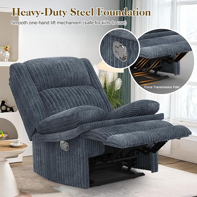 Recliner Chair for Adults, Oversized Manual Pull Tab Reclining Chair, 2-Tier Cushions, Minimalist Style Single Sofa for Living Room, RV (Corduroy)-Ruum Studio Home