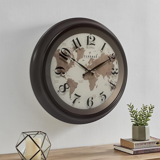 CLXEAST 18 Inch Illuminated Wall Clock with Smart LED Light Sensor, Large Modern World Map Wall Clocks for Living Room Decor,Oil Rubbed Bronze,Unique House Warming Gifts-Ruum Studio Home