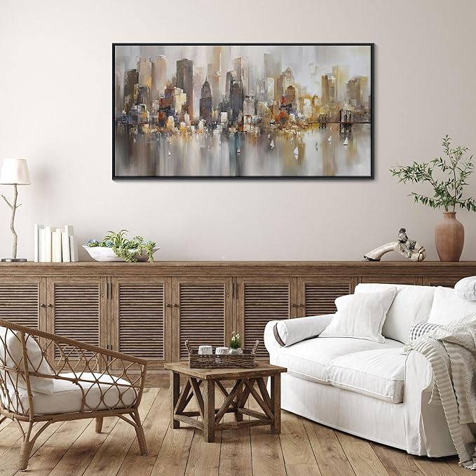 New York City Wall Art -Framed Modern Abstract Wall Art for Living Room, Office & Bedroom Cityscape & Paintings for Bedroom brooklyn bridge Pictures Wall Decor Chicago Artwork for Walls 24×48IN-Ruum Studio Home