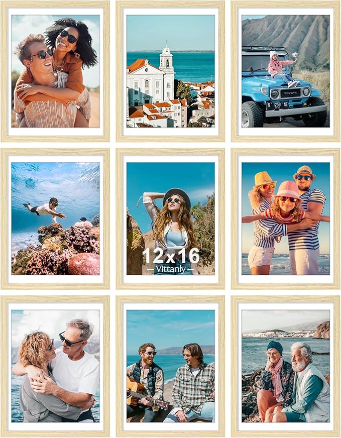 Vittanly 12x16 Picture Frames Set of 9, Shatter Resistant Plexiglass, Display 11x14 Pictures with Mat or 12x16 without Mat, Photo Frames for Wall Mount, Engineered Wood, OAK-Ruum Studio Home