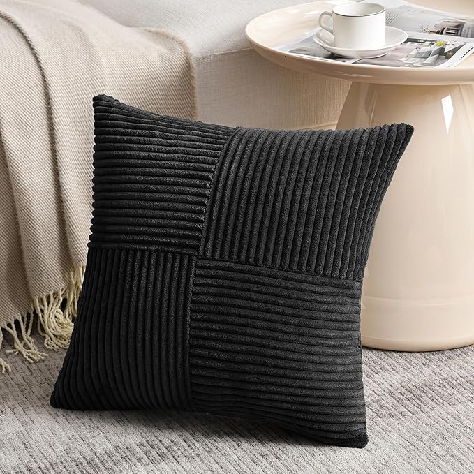 Fancy Homi 2 Packs Black Decorative Throw Pillow Covers 22x22 Inch for Living Room Couch Bed Sofa, Rustic Farmhouse Boho Home Decor, Soft Corss Corduroy Patchwork Accent Square Cushion Case 55x55 cm-Ruum Studio Home