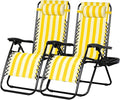 Nazhura Set of 2 Relaxing Recliners Patio Chairs Adjustable Steel Mesh Zero Gravity Lounge Chair Beach Chairs with Pillow and Cup Holder (Yellow Stripe)-Ruum Studio Home