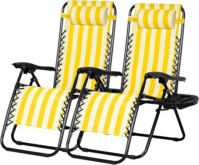 Nazhura Set of 2 Relaxing Recliners Patio Chairs Adjustable Steel Mesh Zero Gravity Lounge Chair Beach Chairs with Pillow and Cup Holder (Yellow Stripe)-Ruum Studio Home