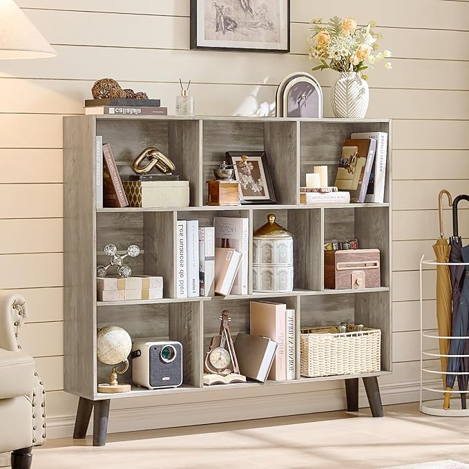 LEYAOYAO 10 Cube Bookshelf,3 Tier Modern Wide Bookcase with Legs,Mid-Century Wood Bookshelves Storage，Retro Grey Large Book Case,Freestanding Organizer Display Shelf for Bedroom,Living Room,Office-Ruum Studio Home