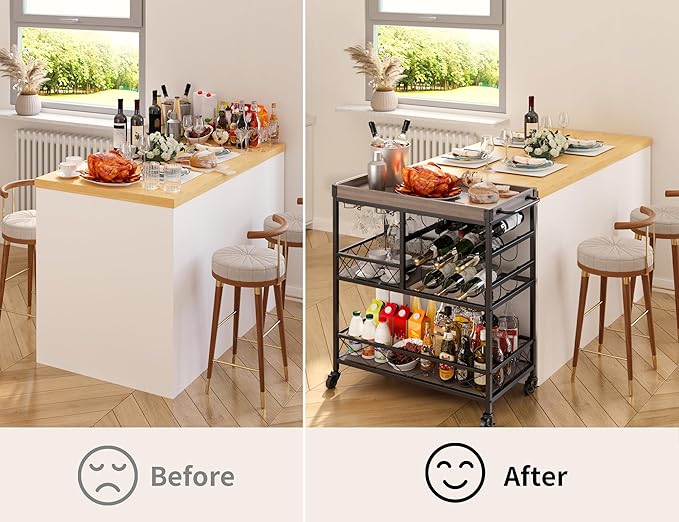 Gizoon Rolling Bar Cart, a Versatile Beverage Cart with a Removable Tray, 12-Bottle Wine Rack, and Glass Holder, The Bar Cart is Perfect for Kitchen, Dining Room, or Outdoor Use (Gray)-Ruum Studio Home