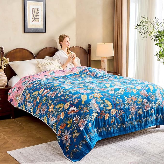 Fall Throw Blanket for Couch, Blue Boho Decorative Throw Blanket, 100% Cotton Muslin Breathable Woven Farmhouse Blankets Quilt, 60"x80" Reversible Lightweight Blankets Bohemian Throw Quilt-Ruum Studio Home