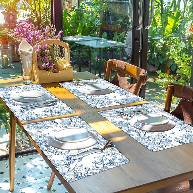 Blue Floral Placemats Set of 6 Flower Bird Plastic Table Mats Seasonal Spring Placemats Chinoiserie Place Mats Rustic Vintage Table Decoration for Indoor Outdoor Party Kitchen Dining-Ruum Studio Home