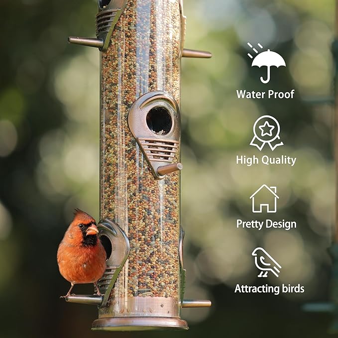 MIXXIDEA Metal Tube Bird Feeders for Outdoors - 6 Ports Hanging Feeder Attracts Wild Birds in Your Lawn, Garden, Balcony - Antique Copper - 1 Pack-Ruum Studio Home
