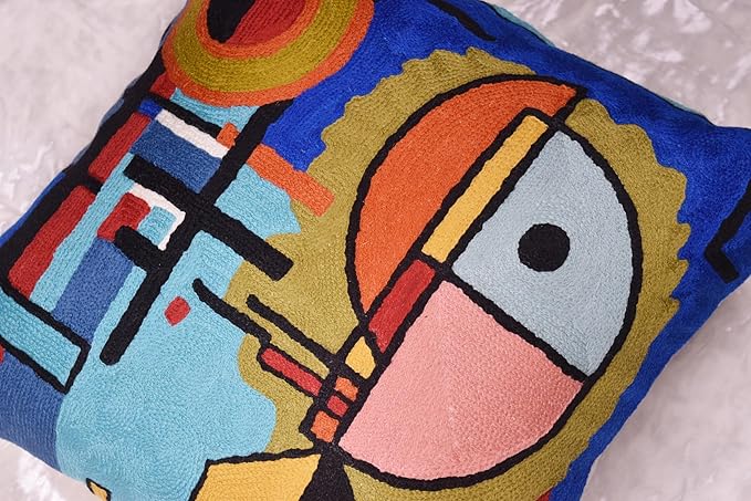 Kandinsky Upwards Abstract Pillow Cover Blue Decorative Throw Pillowcase Modern Chair Cushion Contemporary Accent Pillowsham Couch Handembroidered Wool Size 18x18-Ruum Studio Home