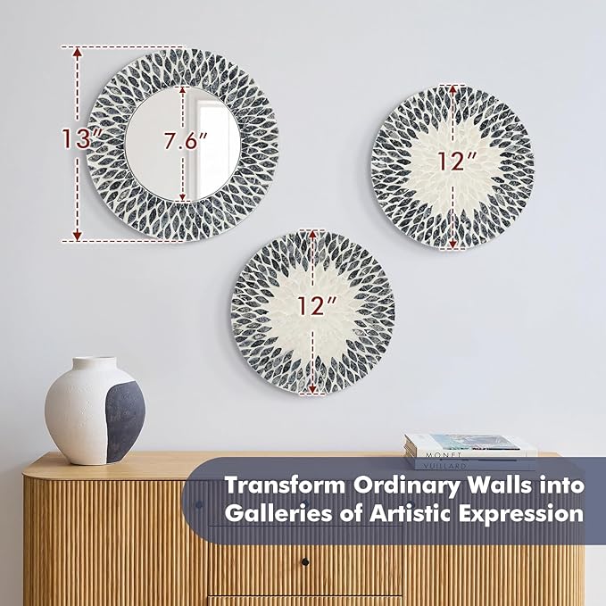Natural Mother of Pearl Mirror Wall Decor for Bedroom Bathroom, 3PCS Geometric Wall Art Modern Home Office, Handmade Mosaic Art Circle Sculptures for Kitchen Living Dining Room (Black White)-Ruum Studio Home
