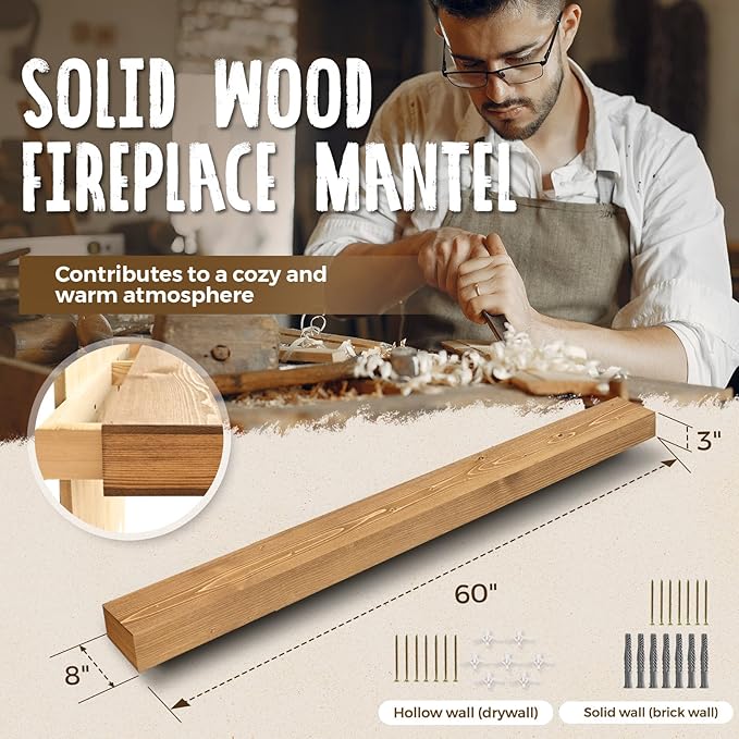 60x8x3 Fireplace Mantel - Handcrafted Hollow Rustic Solid Wood Wall Mounted Floating Shelf with Invisible Heavy Duty Wood Bracket (Natural Wood)-Ruum Studio Home