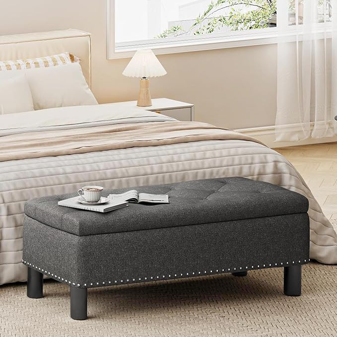 Furniliving Ottoman Bench with Storage, Folding Storage Ottoman Bench with Wood Legs, Upholstered Bedroom Bench with Button-Tufted, Entryway Bench Storage Bench for Bedroom, Linen (Darkgrey)-Ruum Studio Home