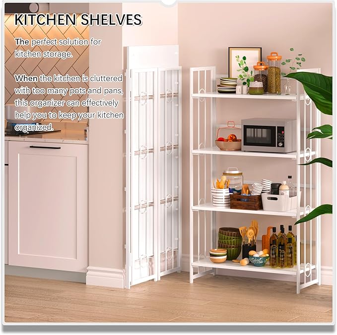 4NM No Assembly 4 Tiers Folding Bookshelf, 47.2" H Foldable Storage Shelves Vintage Bookcase Standing Racks Study Organizer Home Office - All White-Ruum Studio Home